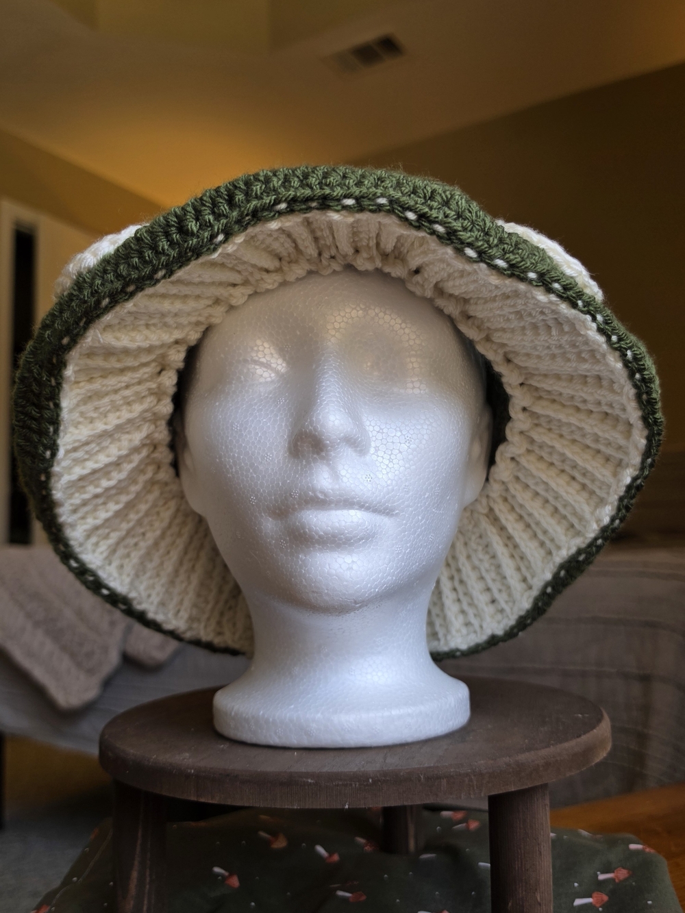 Green And Cream Crochet Mushroom Cap Hat